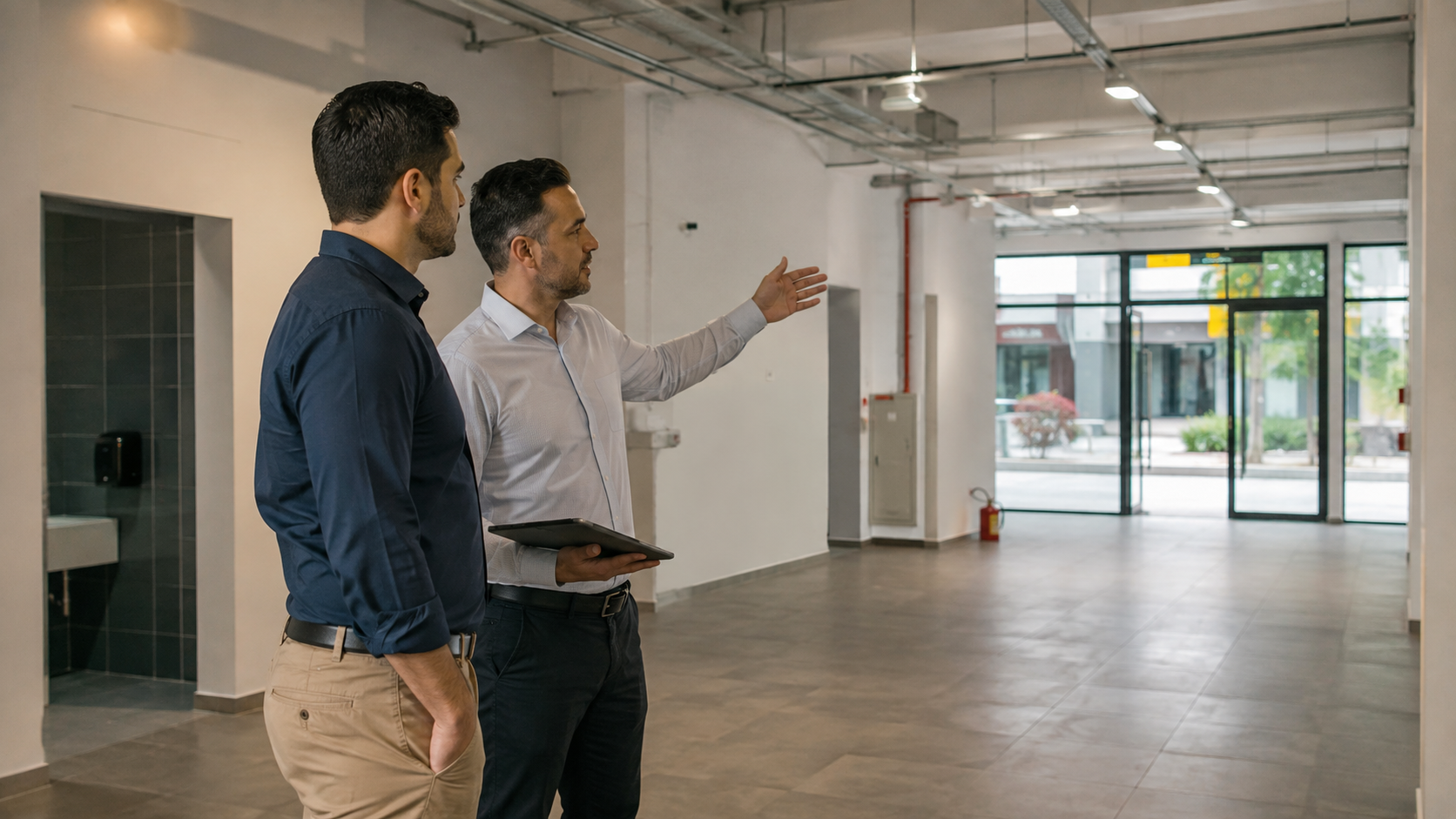 Empresário e engenheiro avaliando imóvel comercial antes da assinatura do contrato de locação