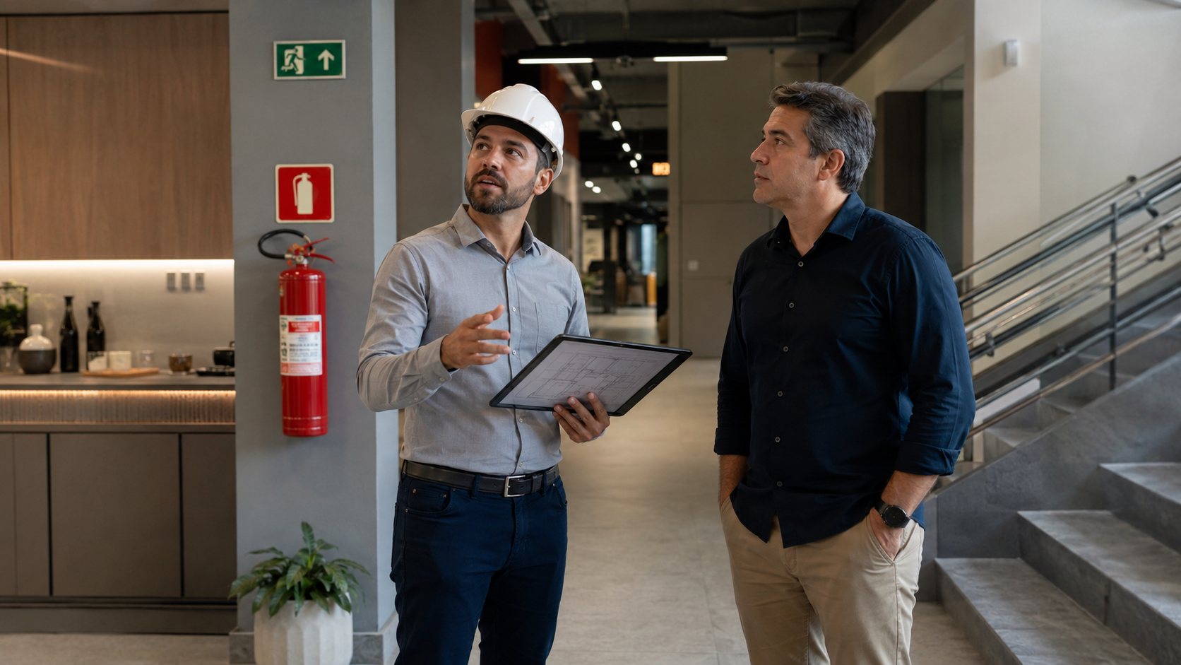 Engenheiro e responsável por estabelecimento analisando o enquadramento do licenciamento de segurança contra incêndio