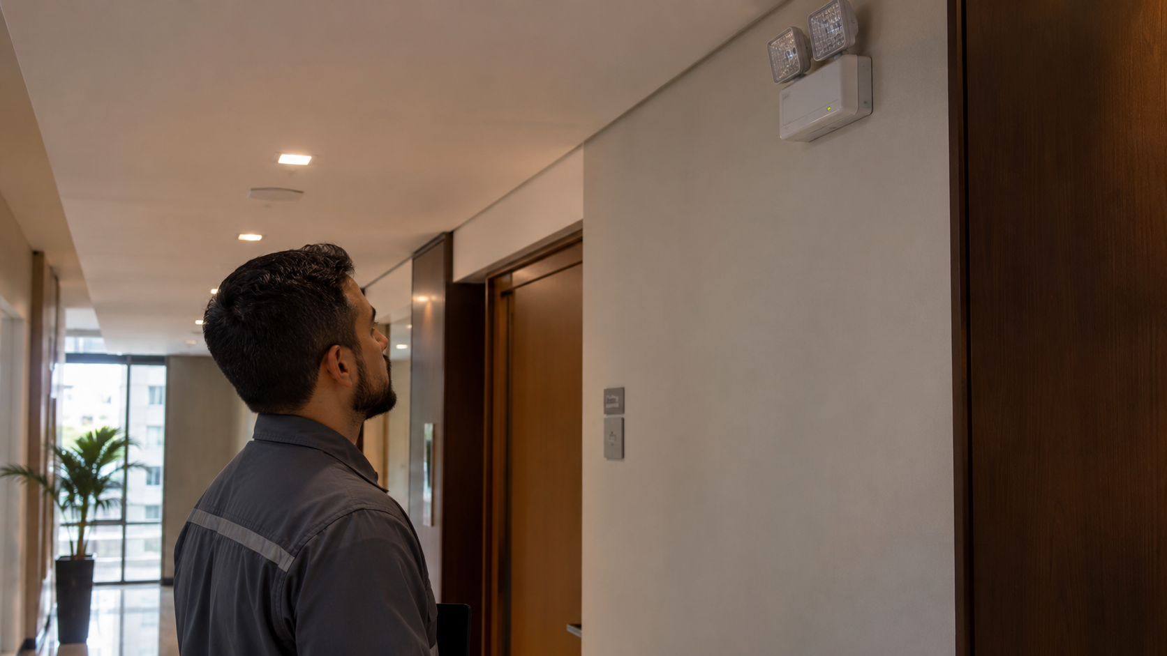 Bloco de iluminação de emergência sendo observado durante inspeção visual em corredor comercial