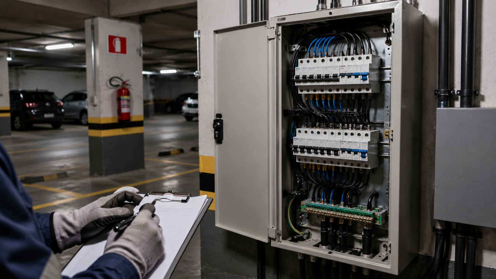 Quadro de distribuição elétrica em garagem comercial recebendo a carga de um ponto de recarga de veículo elétrico