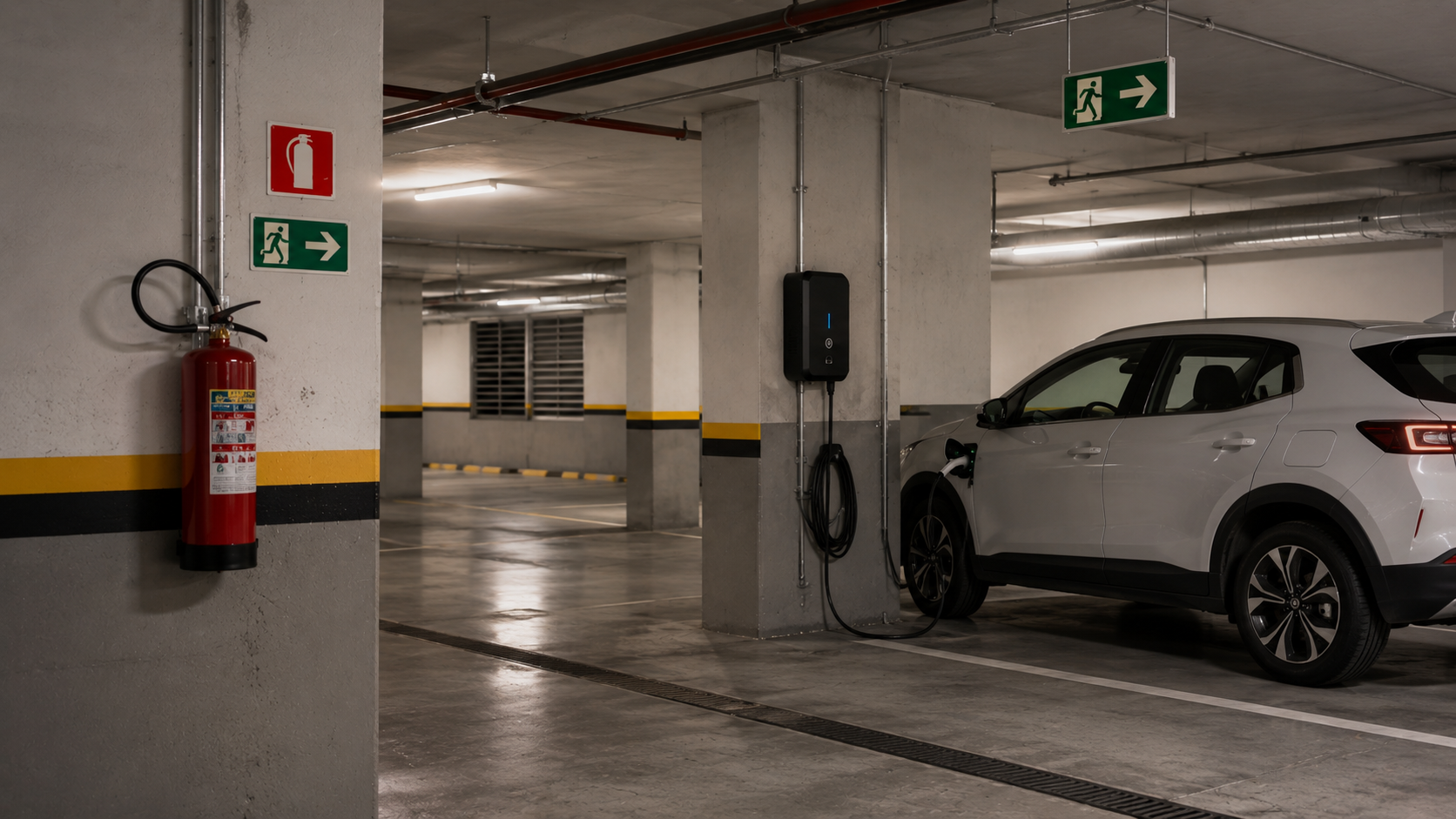 Sinalização de emergência e extintor de incêndio próximos a uma vaga de garagem comercial com carregador de veículo elétrico