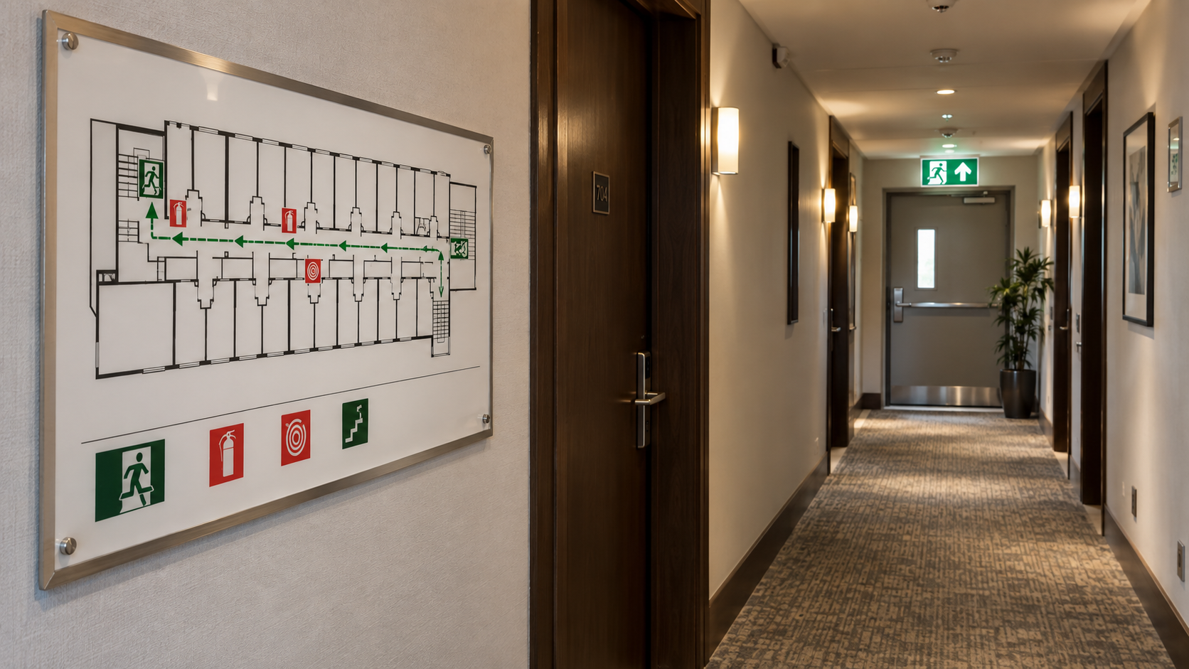 Corredor de hotel com sinalização de saída e quadro de orientação de fuga em ponto visível