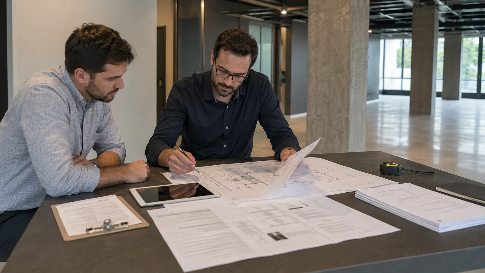 Engenheiro analisando documentos técnicos e condições de um imóvel comercial antes da locação