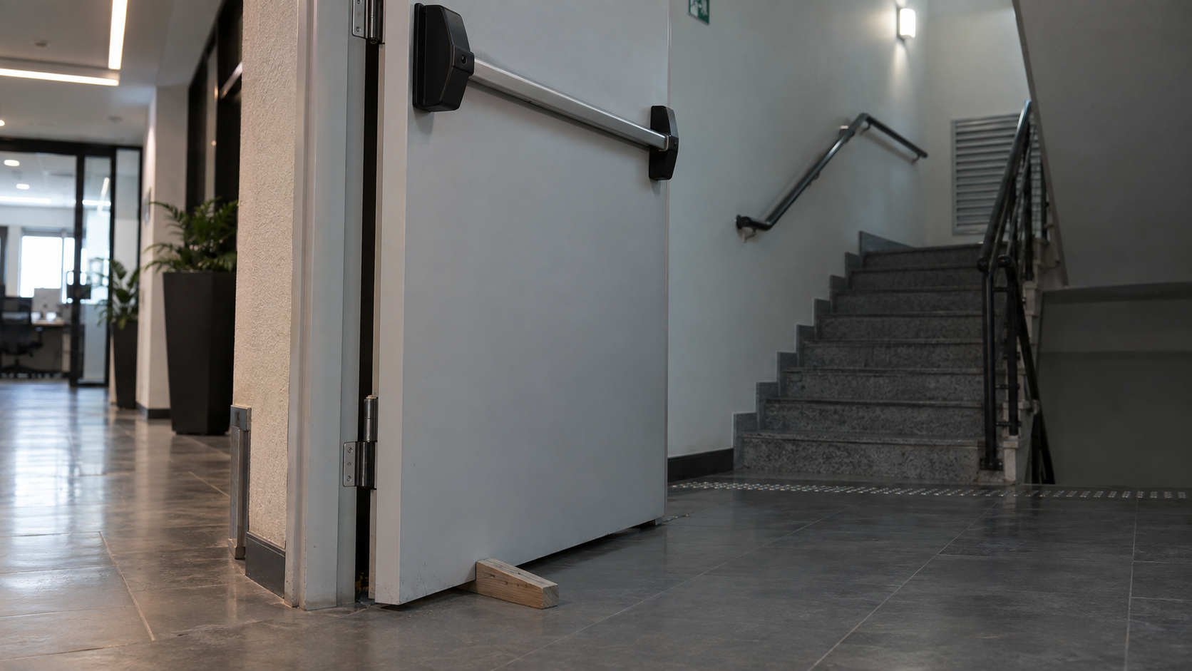 Porta corta-fogo mantida aberta por um calço improvisado em corredor de edificação