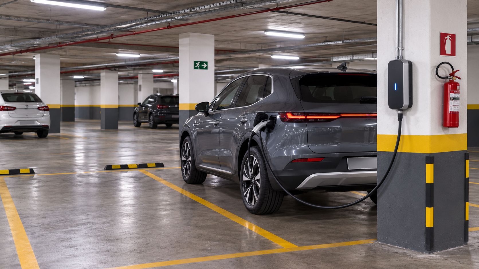 Vaga de garagem comercial com carregador de veículo elétrico instalado ao lado de vagas convencionais de estacionamento