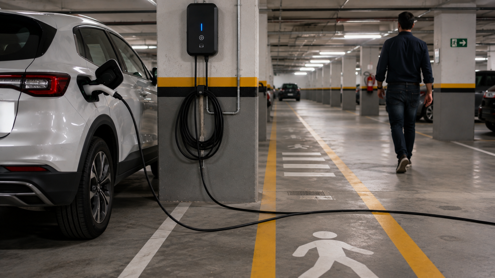 Cabo de recarga de veículo elétrico próximo à faixa de circulação de pedestres em garagem comercial