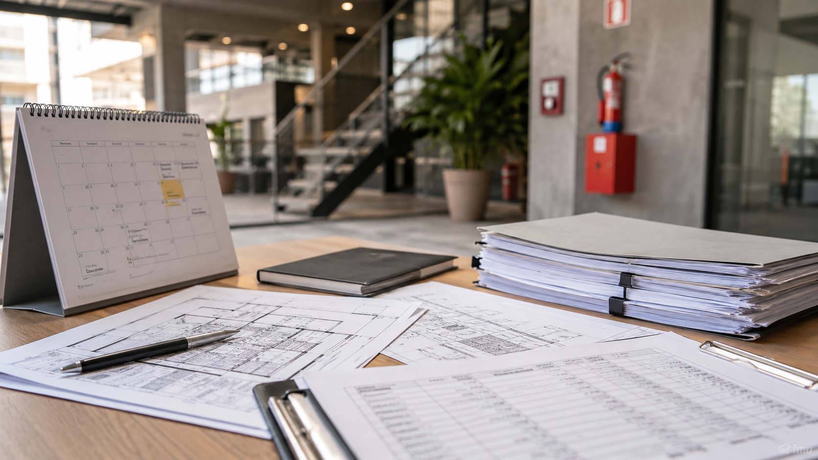 Documento e agenda de manutenção representando o planejamento antecipado da renovação do AVCB